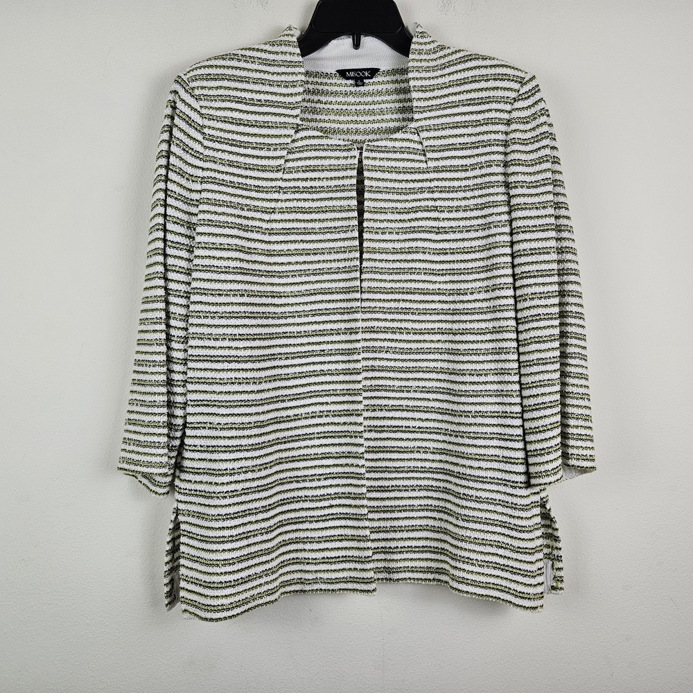 Misook Lime Green Black White Stripe Boucle Knit Sweater Jacket L Office Career